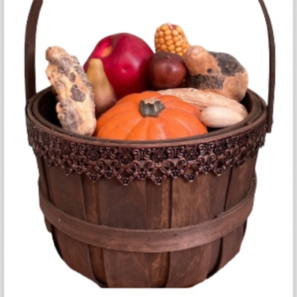 Harvest Bushel Basket NEW Wooden Handle Ornate 6.5 x 9 x 12.5 inches